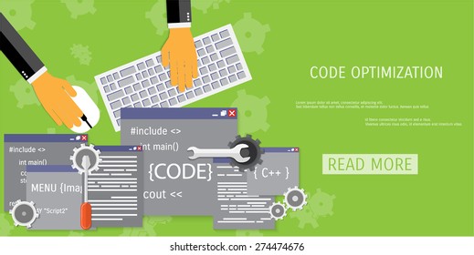 Vector flat concept of programming and coding. Debug program. Search engine optimization. Code optimization. Concepts for web banners and promotional materials.