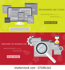 Vector flat concept of programming and coding. Network technology. Search engine optimization. Internet and global communication. Concepts for web banners and promotional materials.