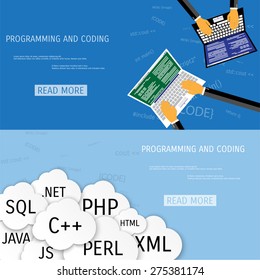 Vector flat concept of programming and coding. Network technology. Search engine optimization. Internet and global communication. Concepts for web banners and promotional materials.