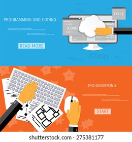 Vector flat concept of programming and coding. Network technology. Search engine optimization. Internet and global communication. Concepts for web banners and promotional materials.