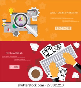 Vector flat concept of programming and coding. Network technology. Search engine optimization. Internet and global communication. Concepts for web banners and promotional materials.