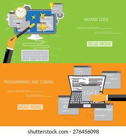 Vector flat concept of programming and coding. Network technology. Search engine optimization. Internet and global communication. Concepts for web banners and promotional materials.