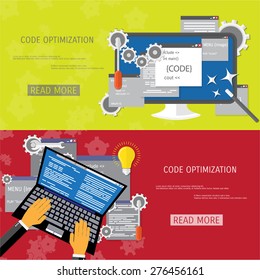 Vector flat concept of programming and coding. Network technology. Search engine optimization. Internet and global communication. Concepts for web banners and promotional materials.