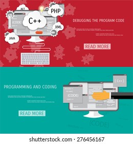 Vector flat concept of programming and coding. Network technology. Search engine optimization. Internet and global communication. Concepts for web banners and promotional materials.