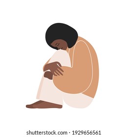 Concepto de vectores planos con una triste mujer afroamericana sentada y abrazada de rodillas. La niña está deprimida, necesita mantener la salud mental. Se siente como una burla profesional, cansancio y frustración
