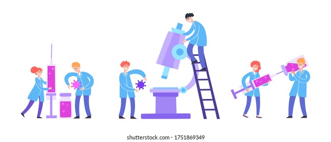 Vector flat concept set of tiny people with big syringe bottle of vaccine, men near microscope in neon color