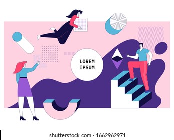 Vector flat concept of team building, business partnership and success strategy. Coworkers characters communication, teamwork and collaboration. . Trendy modern geometric shapes and memphis style