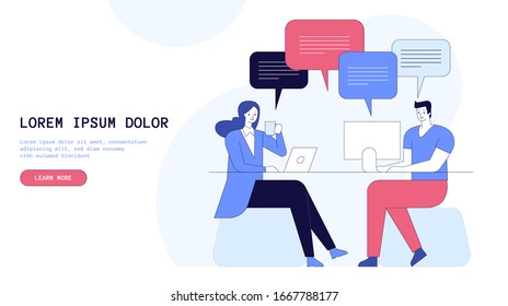 Vector flat concept of teamwork, marketing consulting, workflow management. People working in team and discuss business strategy, work process and solution. Concept for banner, website or landing page