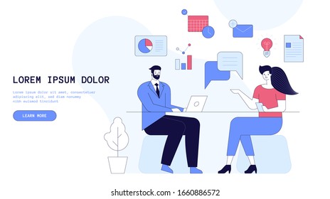 Vector flat concept of teamwork office people, discuss business strategy, create idea, planning and analyzing. Management solution and marketing consulting. Concept for banner, website or landing page