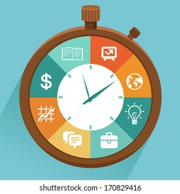 Vector flat concept - time management. Modern illustration with stopwatch and icons - how to control your life