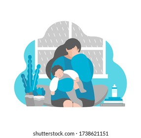 Vector flat concept. Tired crying mother with little baby on hands. Postpartum depression, emotional stress and anxiety in isolation at home. Problem of maternity to keep calm and mental health