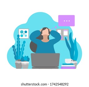 Vector Flat Concept. Tired Freelancer Is On Remote Work And Has Difficulties To Keep Mental Health. Depressed Mood And Professional Burnout, Big Emotional Stress And Anxiety In Isolation At Home