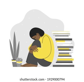 Vector flat concept with tired student (female) sitting and hugging her knees. African American woman is in depressed mood, try to keep mental health during study a lot of literature, exam preparation