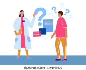Vector flat concept with a woman doctor in a white robe talking to a patient full of questions. Can be used for web banner, infographics, character images. 