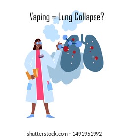 Vector Flat Concept “Vaping=Lung Collapse?” With A Woman Doctor In A White Robe Pointing To The Picture Of The Damaged Lungs. Can Be Used For Banners, Infographics, Articles, Etc