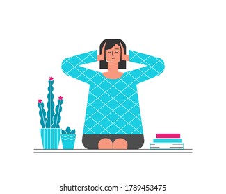 Vector flat concept with woman sitting at home and closing ears by hands. Too much information noise
as reason of problem with mental healt. Girl is frustrated and tired after professonal burnout