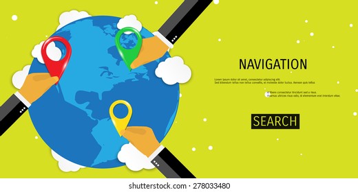 Vector flat concept of World travel and tourism. Navigation. Location search. Concepts for web banners and promotional materials.