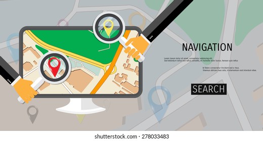 Vector flat concept of World travel and tourism. Navigation. Location search. Concepts for web banners and promotional materials.