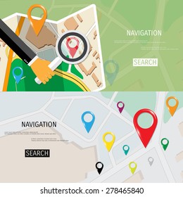Vector flat concept of World travel and tourism. Navigation. Location search. Concepts for web banners and promotional materials.