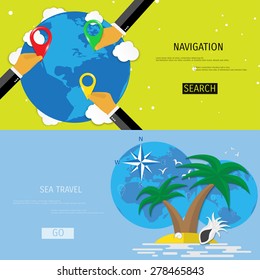 Vector flat concept of World travel and tourism. Navigation. Location search. Concepts for web banners and promotional materials.