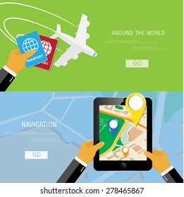 Vector flat concept of World travel and tourism. Navigation. Location search. Concepts for web banners and promotional materials.