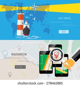 Vector flat concept of World travel and tourism. Navigation. Location search. Concepts for web banners and promotional materials.