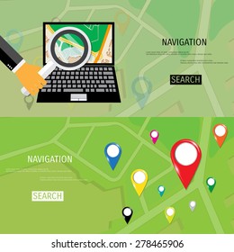 Vector flat concept of World travel and tourism. Navigation. Location search. Concepts for web banners and promotional materials.