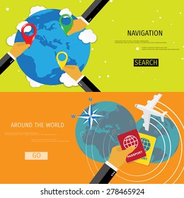 Vector flat concept of World travel and tourism. Navigation. Location search. Concepts for web banners and promotional materials.