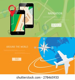 Vector flat concept of World travel and tourism. Navigation. Location search. Concepts for web banners and promotional materials.