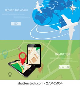 Vector flat concept of World travel and tourism. Navigation. Location search. Concepts for web banners and promotional materials.