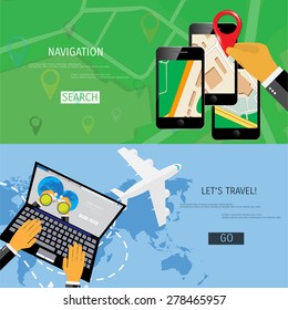 Vector flat concept of World travel and tourism. Navigation. Location search. Concepts for web banners and promotional materials.