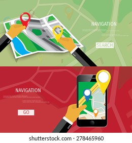 Vector flat concept of World travel and tourism. Navigation. Location search. Concepts for web banners and promotional materials.