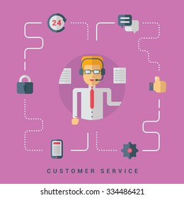 Vector Flat Conceptual Illustration. Customer Service. Operator with Headset and Shopping Icons