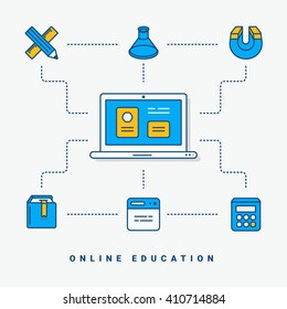 Vector flat conceptual illustration. Online education. Vector thin line illustration for website banner template or header