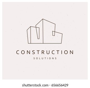 Vector flat construction company brand design template. Building company and architect bureau insignia, logo illustration isolated on white background. Line art.