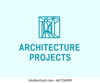 Vector flat construction company brand design template isolated on blue backdrop. Building company and architect design bureau insignia, logo. Citycsape, street view illustration. Line art.