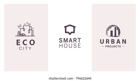 Vector flat construction company brand design templates collection. Building, business company and architect bureau insignia, logo illustration isolated on white background. Line art.