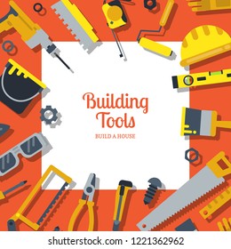 Vector flat construction tools background with place for text illustration. Electric and handy instrument, tools saw and drill equipment