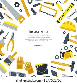 Vector flat construction tools on white background with place for text illustration