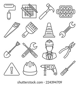 Vector flat construction and tools outline icons set. Collection of working tools and construction elements, isolated objects, illustrations in modern trendy outline strokes style.