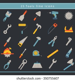 Vector flat construction and tools outline thin line icons set. Collection of working tools and construction elements, isolated objects. 