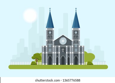 Vector flat contemporary church and park with cityscape and sky background,suburb church concept. 