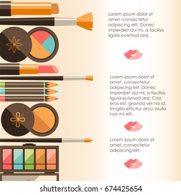 Vector flat cosmetics background. Beauty fashion products. Decorative cosmetic. Ready template, banner, poster. Left composition. Elegant minimalistic style, retro colors.