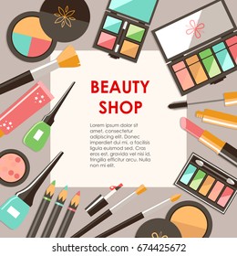 Vector flat cosmetics background. Beauty fashion products. Decorative cosmetic. Ready template, banner, poster. Central composition, top view. Elegant minimalistic style, retro colors. Frame.