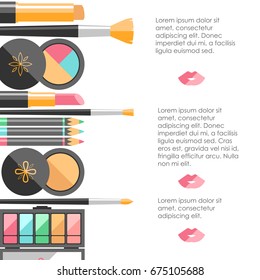 Vector flat cosmetics background. Beauty fashion products. Decorative cosmetic. Ready template, banner, poster. Left composition. Elegant minimalistic style, bright colors.