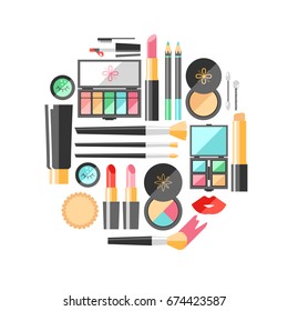 Vector flat cosmetics illustration. Beauty fashion products. Decorative cosmetic. Eye shadow, mascara, nail polish, powder, eye pencil, brush. Elegant minimalistic style, bright colors.