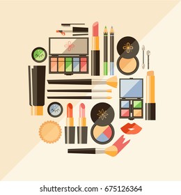 Vector flat cosmetics illustration. Beauty fashion products. Decorative cosmetic. Eye shadow, mascara, nail polish, powder, eye pencil, brush. Elegant minimalistic style, retro colors.