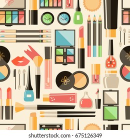 Vector flat cosmetics  seamless pattern. Beauty fashion products. Decorative cosmetic. Eye shadow, mascara, nail polish, powder, eye pencil, brush. Elegant minimalistic style, retro colors.