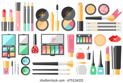 Vector flat cosmetics set. Beauty fashion products. Decorative cosmetic. Eye shadow, mascara, nail polish, powder, eye pencil, brush. Elegant minimalistic style, bright colors.