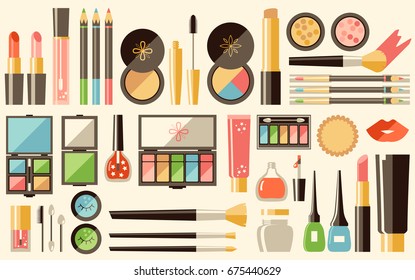 Vector flat cosmetics set. Beauty fashion products. Decorative cosmetic. Eye shadow, mascara, nail polish, powder, eye pencil, brush. Elegant minimalistic style, retro colors.